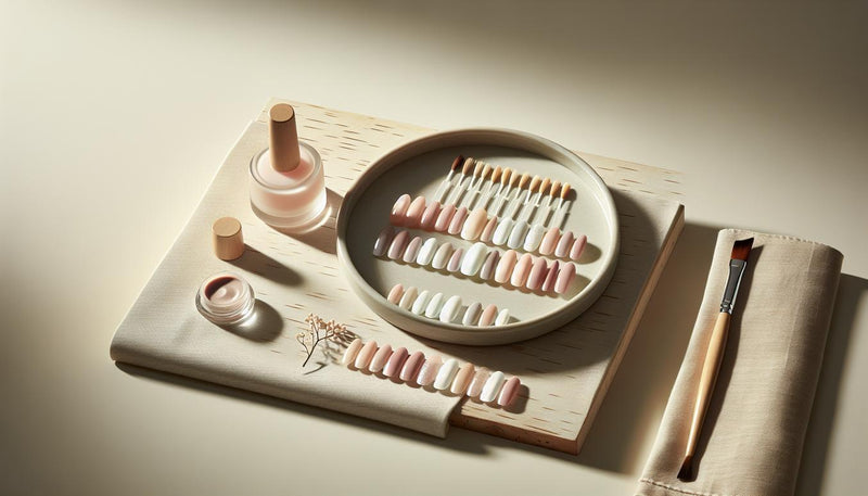 Sauberer Maniküre-Arbeitsplatz mit rosa→weiß Ombré‑Nagelproben und blushed‑pink Varianten, minimalistisch arrangiert – french manicure rosa auf hellem Holz.