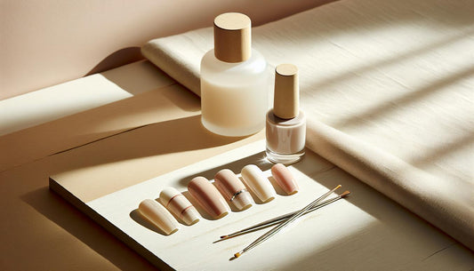 Stillleben mit Press-on-Nägeln: moderne french manicure (neutrale Basis, pinker Rand, negative space, matte und chrom-Highlights) auf hellem Leinen, minimalistisch.