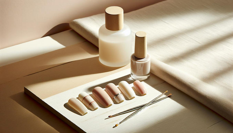 Stillleben mit Press-on-Nägeln: moderne french manicure (neutrale Basis, pinker Rand, negative space, matte und chrom-Highlights) auf hellem Leinen, minimalistisch.