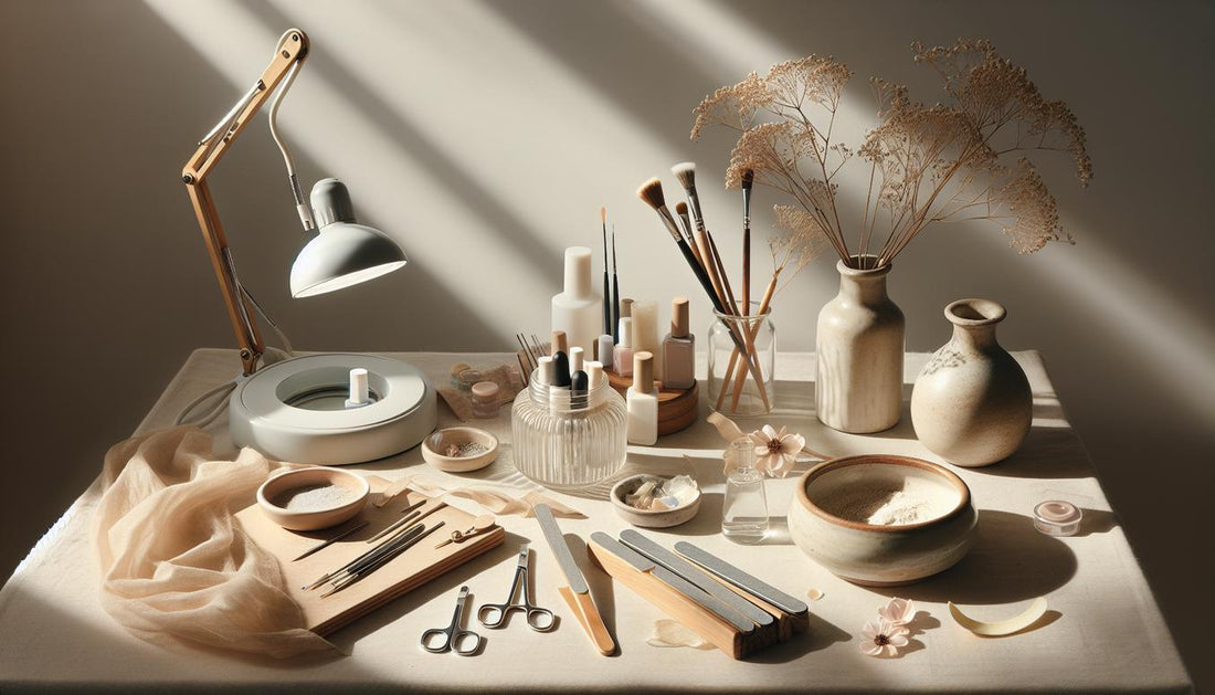 Nahaufnahme einer minimalistischen Nagelarbeitsstation mit Gel-Fläschchen, Pinsel, Feilen und LED-Lampe auf hellem Holz – French Maniküre Dauer