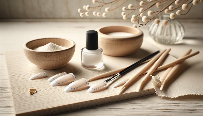 Abnehmbare Nageltips mit klassischer French Nägel Smile-Line auf hellem Birkenholz, feiner Nailart-Pinsel und unscharfe offene Base- und Top-Coat-Fläschchen.