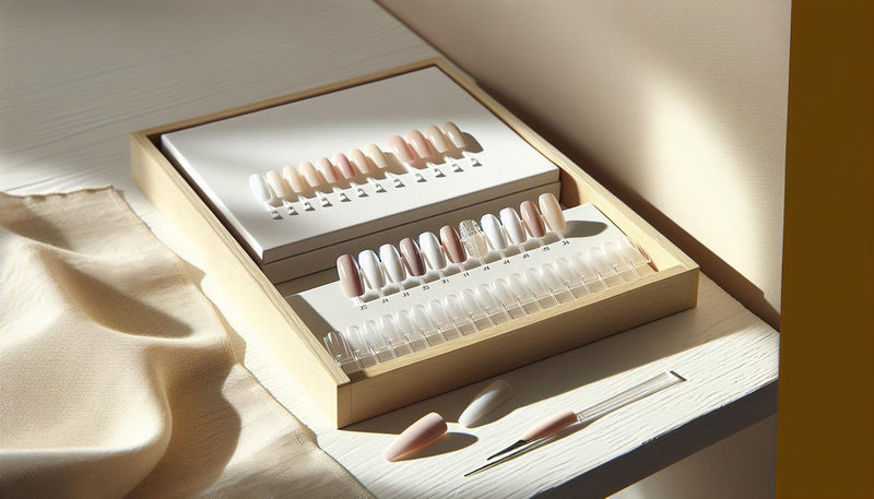 Künstliche Nagelspitzen mit vier French-Varianten (klassisch, Babyboomer, Reverse, Negative Space) arrangiert auf hellem Leinen und Birkenholz, dezente Accessoires, French Nails Ideen