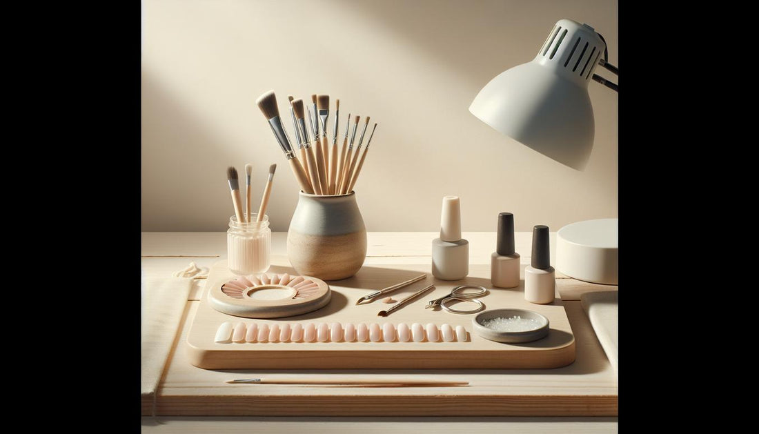 Aufgeräumter Arbeitsbereich auf hellem Holz mit flachem French-Pinsel, weißen und nude Gel-Tiegeln, UV/LED-Lampe und Nagelrad mit Übungslinien — French Nails ohne Schablone