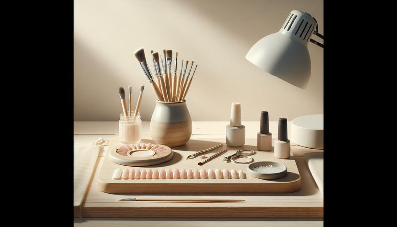 Aufgeräumter Arbeitsbereich auf hellem Holz mit flachem French-Pinsel, weißen und nude Gel-Tiegeln, UV/LED-Lampe und Nagelrad mit Übungslinien — French Nails ohne Schablone