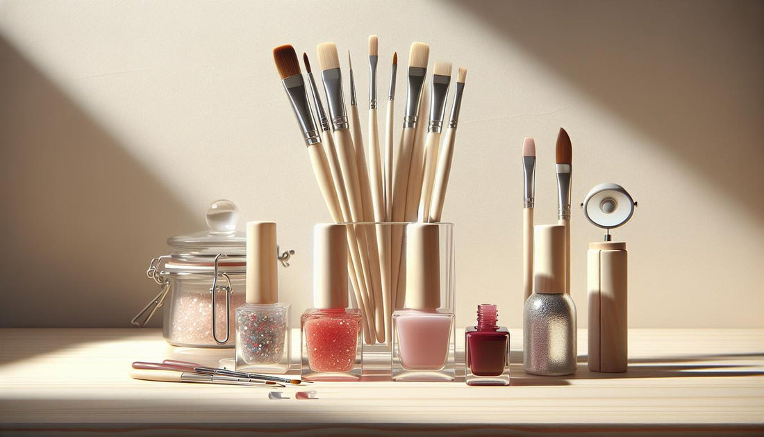 Nahaufnahme von Glasfläschchen mit roten Gelfarben, Nail‑Art‑Pinseln, Mirror‑Chrome‑Puder und LED‑Licht auf hellem Birkenholz – Frühling Nageltrends 2025, minimalistisch.