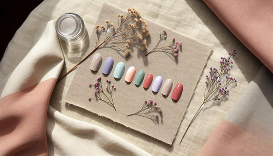 Close-up Moodboard mit Press-on-Nägeln in Pastell-Lavendel, Minzgrün, Terracotta und einem Neon-Akzent auf neutralem Leinen – Frühlingsnagellack 2025