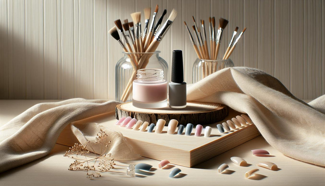 Minimalistische Nahaufnahme arrangierter künstlicher Fußnägel‑Tips in Pastell‑Gelly mit LED‑Lampe im Hintergrund, Pink‑Akzent; fußnägel trends sommer 2024