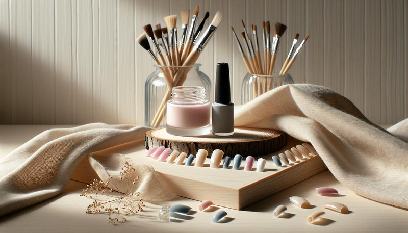 Minimalistische Nahaufnahme arrangierter künstlicher Fußnägel‑Tips in Pastell‑Gelly mit LED‑Lampe im Hintergrund, Pink‑Akzent; fußnägel trends sommer 2024