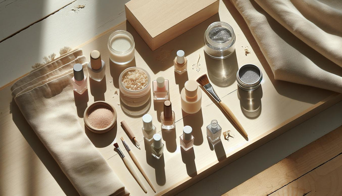 Close-up Pediküre-Flatlay auf hellem Birkenholz mit Pastell- und Nude-Lacken, Micro-Glitzer, Chrome-Puder und Nagelöl – fußnägel trends sommer 2024