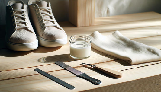 Minimalistisches Fußpflege‑Setup auf hellem Birkenholz: offenes Pflege‑Glas, Nagelfeilen, saubere Baumwollsocke und atmungsaktive Schuhe im Hintergrund – Pflege für dicke gelbe Zehennägel.