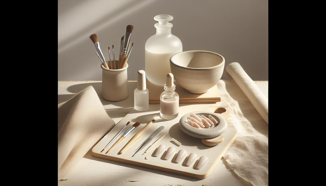 Nahaufnahme von Nagelwerkzeugen (Dehydrator-, Glue- und Base-Gel, Pipette, Full-Cover Tips) auf hellem Holz, minimalistisch arrangiert – geklebte Nägel halten