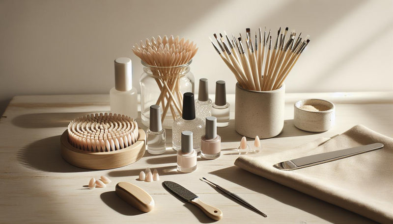 Aufgeräumter Nail-Workspace auf hellem Holz mit vorgeformten Tips, offenem Base-/Top-Gel, UV-Lampe, Pinsel und Pinzette – Vorbereitung für geklebte Nägel.