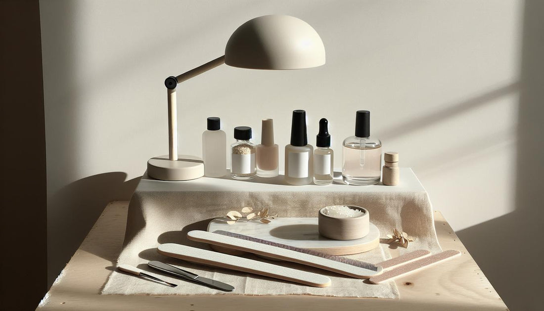 Minimalistisches Maniküre-Set auf hellem Birkenholz mit offenem UV-Gel, LED-Lampe, Feilen, Nagelöl und rosa Akzent – gel auf naturnägel