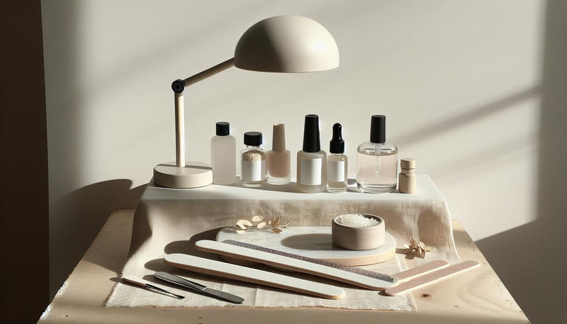 Minimalistisches Maniküre-Set auf hellem Birkenholz mit offenem UV-Gel, LED-Lampe, Feilen, Nagelöl und rosa Akzent – gel auf naturnägel