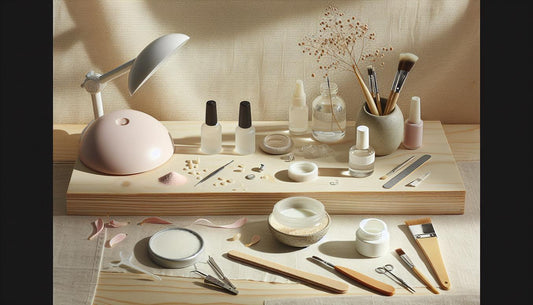 Helle, minimalistische Nahaufnahme einer Nagelarbeitsfläche mit offenem UV‑Gel, LED‑Lampe, feinen Pinseln und Nagelfeile, stilvoll arrangiert für gel für fußnägel.