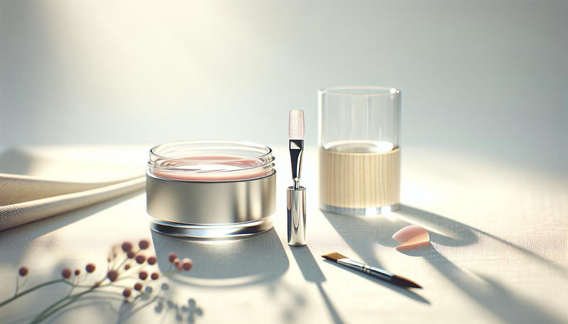 Nahaufnahme eines offenen Glastiegels mit UV-Gel für Zehennägel und einer künstlichen Zehennagel-Probe mit glänzender Topcoat-Schicht auf hellem Birkenholz, LED-Lampe und Nagelöl dezent im Hintergrund.