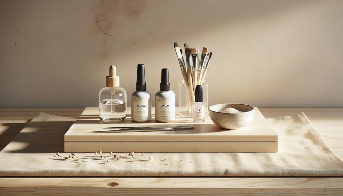 Nahaufnahme eines aufgeräumten Maniküre-Arbeitsplatzes mit Base Gel, Top Coat, Dehydrator und Nagelöl auf heller Holzoberfläche im sanften Tageslicht – Gel-Modellage