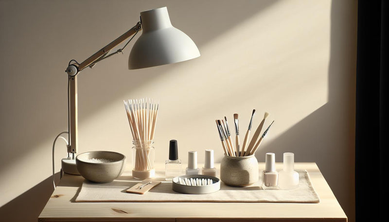 Minimalistische Nagel-Workstation mit LED-Lampe, offenem UV-Gel, unbeschrifteten Fläschchen und weißen French-Tips auf hellem Holz – gel nägel french