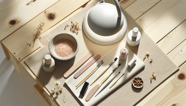 Minimalistische Nahaufnahme einer sauberen Nail-Workstation mit UV-Lampe, geöffnete Rosé- und Nude-Gel-Tuben, Pinselset und Schälchen mit Dehydrator – gel nägel ideen einsteiger