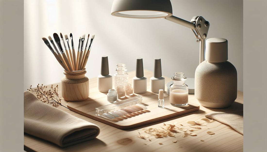 Minimalistische Nahaufnahme einer Nagelarbeitsfläche mit UV/LED‑Lampe, Base Gel und Top Coat, feinen Pinseln, Soft‑Tips und ordentlicher Testfläche – gel nägel ideen für einsteiger