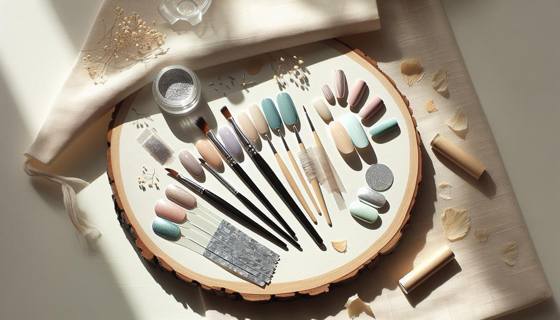 Close‑up Flatlay mit Nageltools, feinen Pinseln, Foil‑Streifen, offenem Chrome‑Puder und Pastell‑Swatches mit türkisem Akzent auf heller Birke – gel nägel ideen