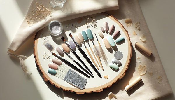 Close‑up Flatlay mit Nageltools, feinen Pinseln, Foil‑Streifen, offenem Chrome‑Puder und Pastell‑Swatches mit türkisem Akzent auf heller Birke – gel nägel ideen