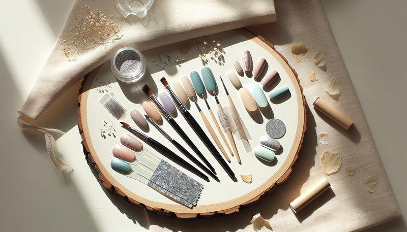 Close‑up Flatlay mit Nageltools, feinen Pinseln, Foil‑Streifen, offenem Chrome‑Puder und Pastell‑Swatches mit türkisem Akzent auf heller Birke – gel nägel ideen