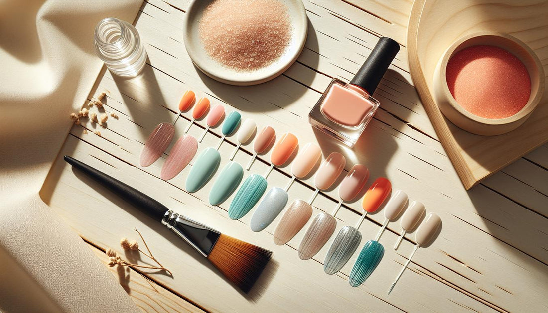 Nahaufnahme sommerliches Flatlay mit gel nägel ideen sommer: Pastell-, Koralle- und Türkis-Fächer, feine Nailart-Pinsel, Nagelhautöl und Sand auf hellem Holz.