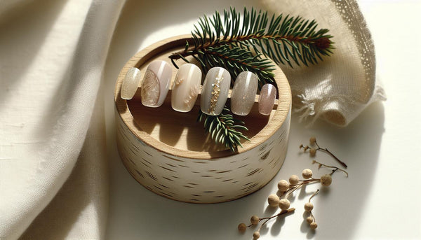 Nahaufnahme von fünf festlich dekorierten Gel Nägeln auf Tannenzweig und hellem Holz mit Jelly-Schichten, feinem Gold-Glitzer und Mirror-Chrome-Akzent – gel nägel ideen weihnachten