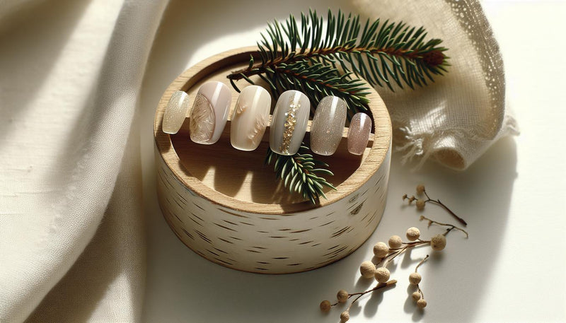 Nahaufnahme von fünf festlich dekorierten Gel Nägeln auf Tannenzweig und hellem Holz mit Jelly-Schichten, feinem Gold-Glitzer und Mirror-Chrome-Akzent – gel nägel ideen weihnachten