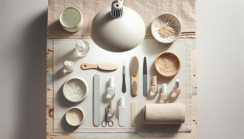 Aufgeräumtes Maniküretisch-Flatlay mit UV/LED-Lampe, Feilen, Buffer, Base/Top-Flaschen, Soft-Gel-Tips und offenem Handtuch – Gel-Nägel