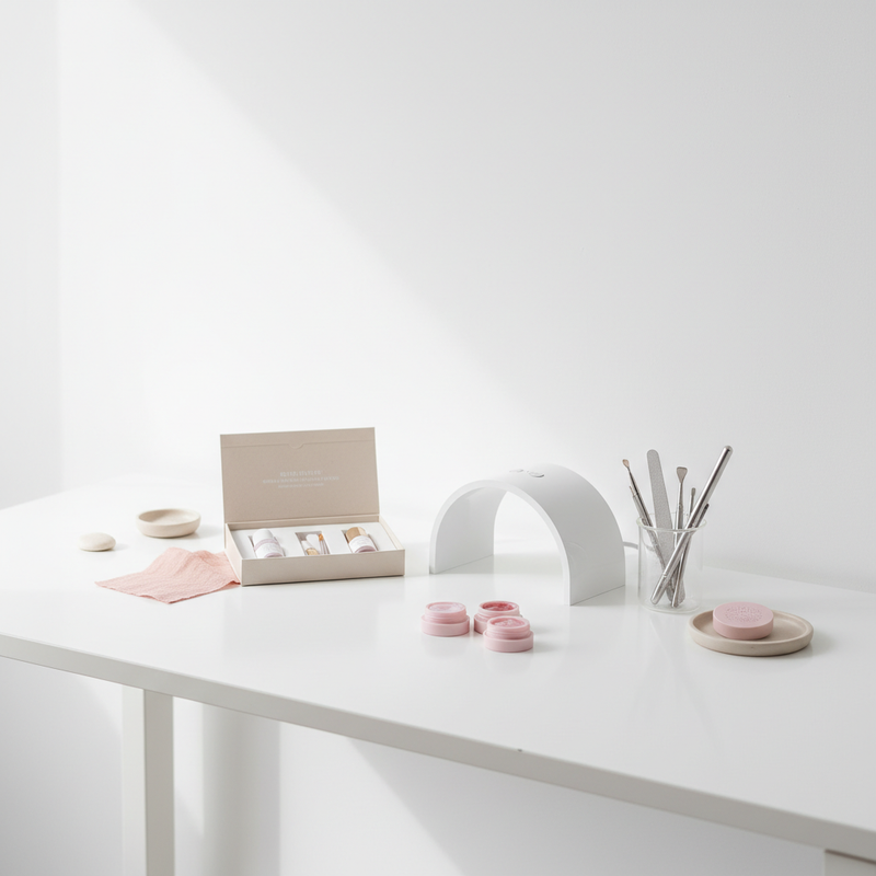 Offenes gel-nägel starter kit auf weißem Tisch mit LED-Lampe, Farbtöpfchen und Glas mit Nagelwerkzeugen, minimalistisches helles Stillleben in NailX-Farben