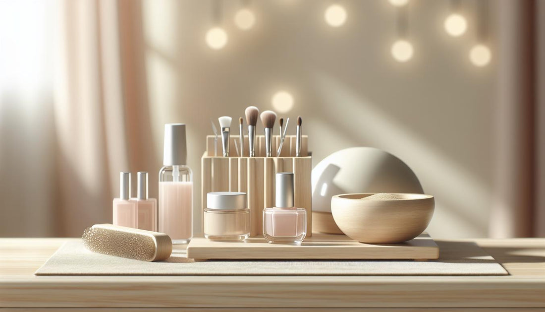 Minimalistische Nahaufnahme einer sauberen Maniküre‑Arbeitsfläche mit Buffer, unbeschrifteten Base‑Gel‑ und Dehydrator‑Fläschchen, UV/LED‑Lampe und neutraler Starter‑Box auf hellem Holz, gel nägel weiss