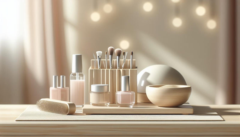 Minimalistische Nahaufnahme einer sauberen Maniküre‑Arbeitsfläche mit Buffer, unbeschrifteten Base‑Gel‑ und Dehydrator‑Fläschchen, UV/LED‑Lampe und neutraler Starter‑Box auf hellem Holz, gel nägel weiss