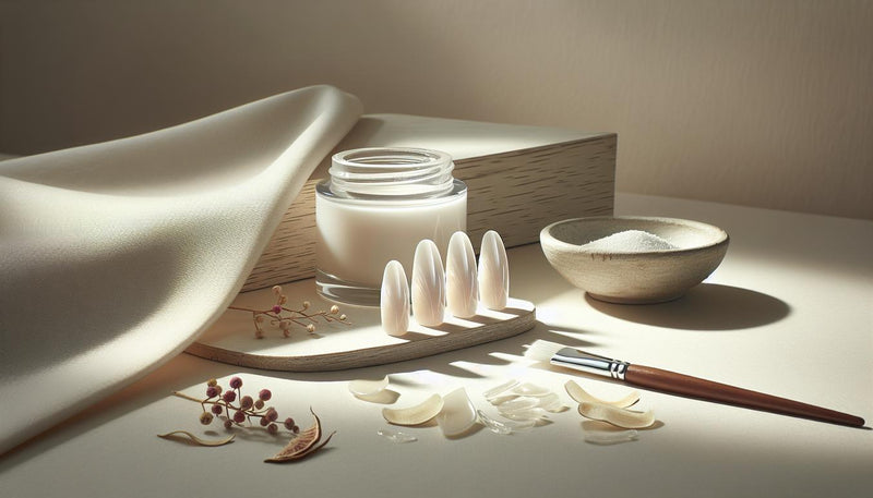 Makroaufnahme fünf makelloser gel nägel weiss auf heller Birkenholzoberfläche mit offenem Glastiegel und feinem Pinsel, minimalistisch, ruhiges Tageslicht