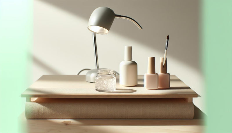 Minimalistische Nahaufnahme einer Maniküre-Arbeitsfläche mit Gel-Nagellack-Fläschchen, UV/LED-Lampe, Nageltips, Rosenholzstäbchen und dezenten Rosenblättern.