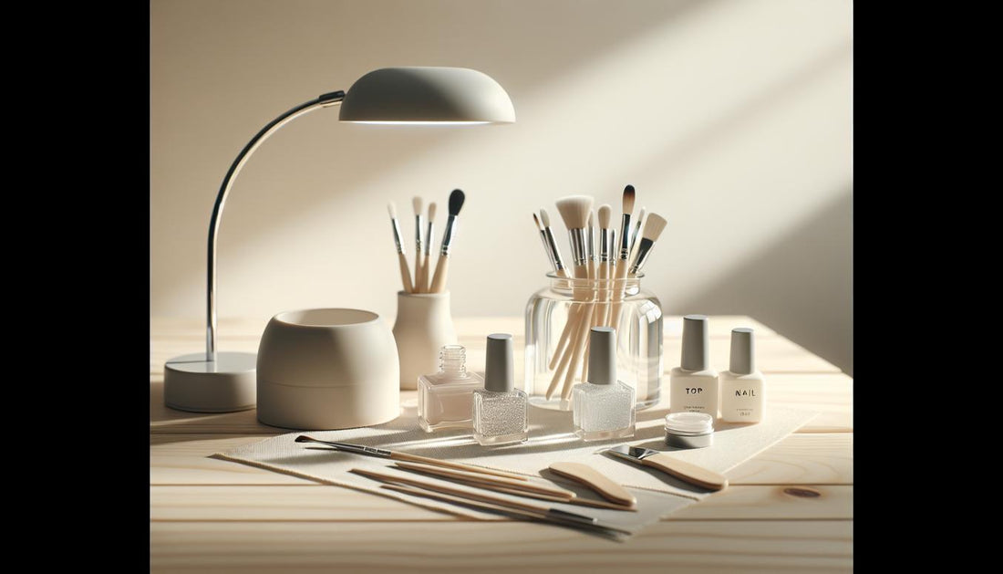 Minimalistischer Nagelarbeitsplatz auf hellem Holz mit LED-Lampe, Fläschchen (Base/Top/Primer), offenem UV-Gel, Pinseln und Glas mit Nagelöl — gel nagellack