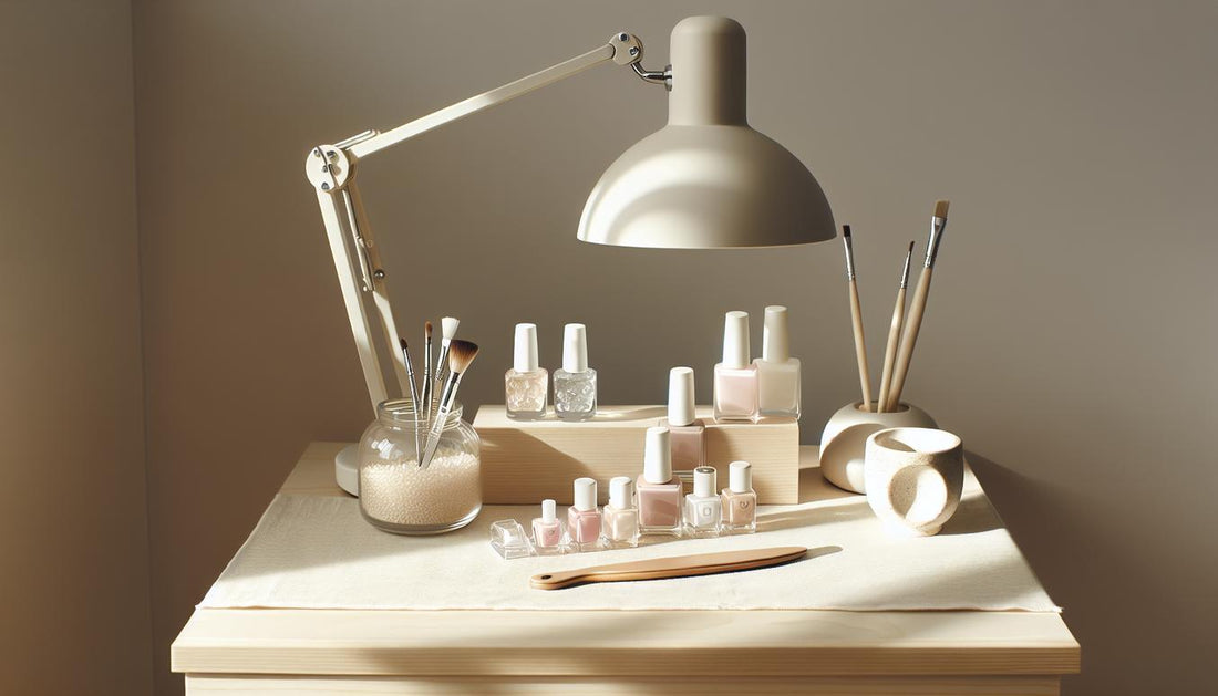 Aufgeräumte Maniküre‑Station auf hellem Holz mit geöffneten Gelfläschchen, UV‑Lampe, Buffer und unbeschrifteter Starter‑Box, vorbereitet für Gel‑Nagellack auf Naturnägeln.