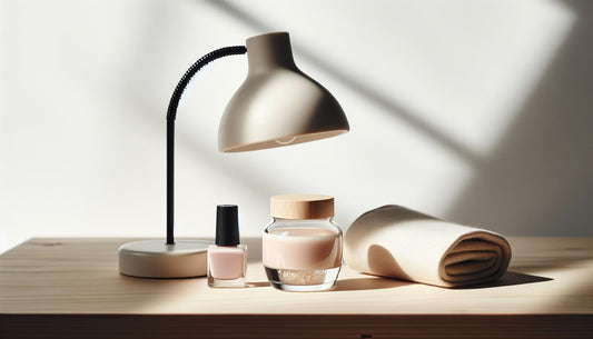 Minimalistischer Nageltisch mit geöffnetem Gel-Nagellack in zartem Rosé, kompakter LED-Lampe, Nagelhautöl und gefaltetem Handtuch — ruhige, helle Ästhetik, Gel-Nagellack