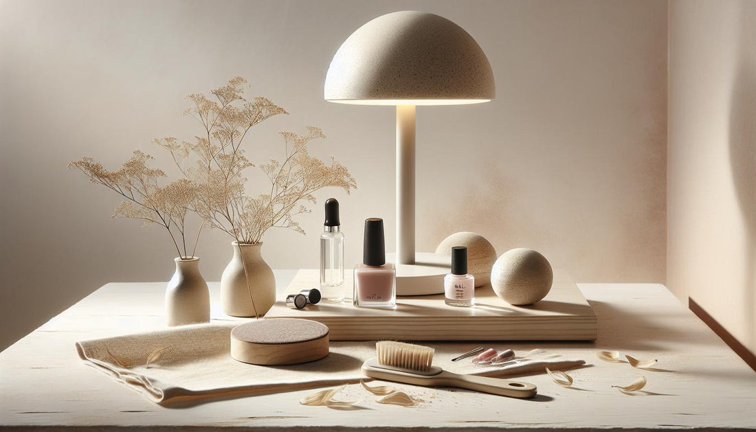 Elegante Dual‑Wellen-LED-Lampe auf hellem Holztisch mit geordneten Gel‑Fläschchen, feinem Buffer und Cuticle Oil in minimalistischer NailX-Ästhetik, gel nagellack uv led