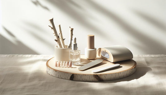 Minimalistische Nahaufnahme: offener Gel‑Tiegel, Nagelöl, Feile und kleine LED‑Lampe auf hellem Holz mit dezenten pinken NailX‑Akzenten, keine Hände.