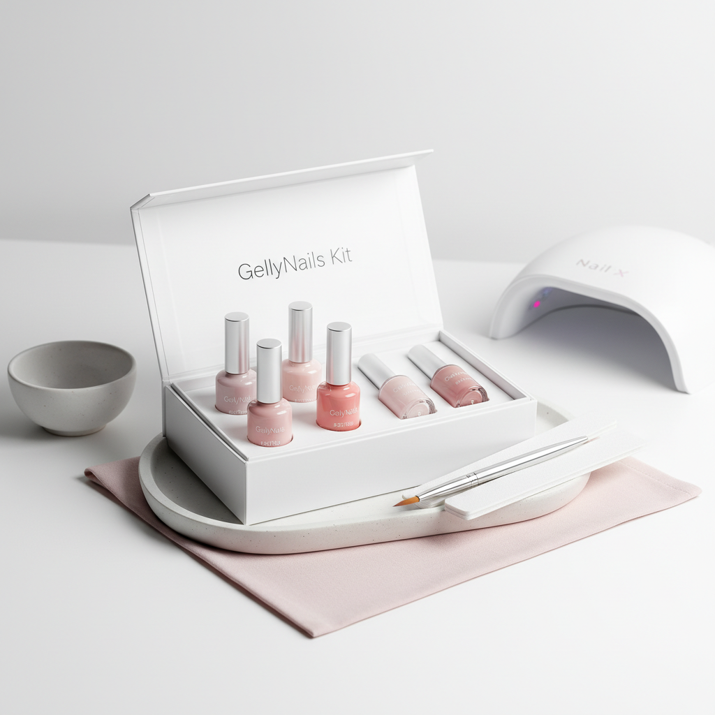 Nahaufnahme eines geöffneten gel nails starter kit auf weißem Tisch mit Pinsel, Feile und kleiner LED‑Lampe, minimalistisch im NailX‑Stil mit Akzenten #f57fb6.