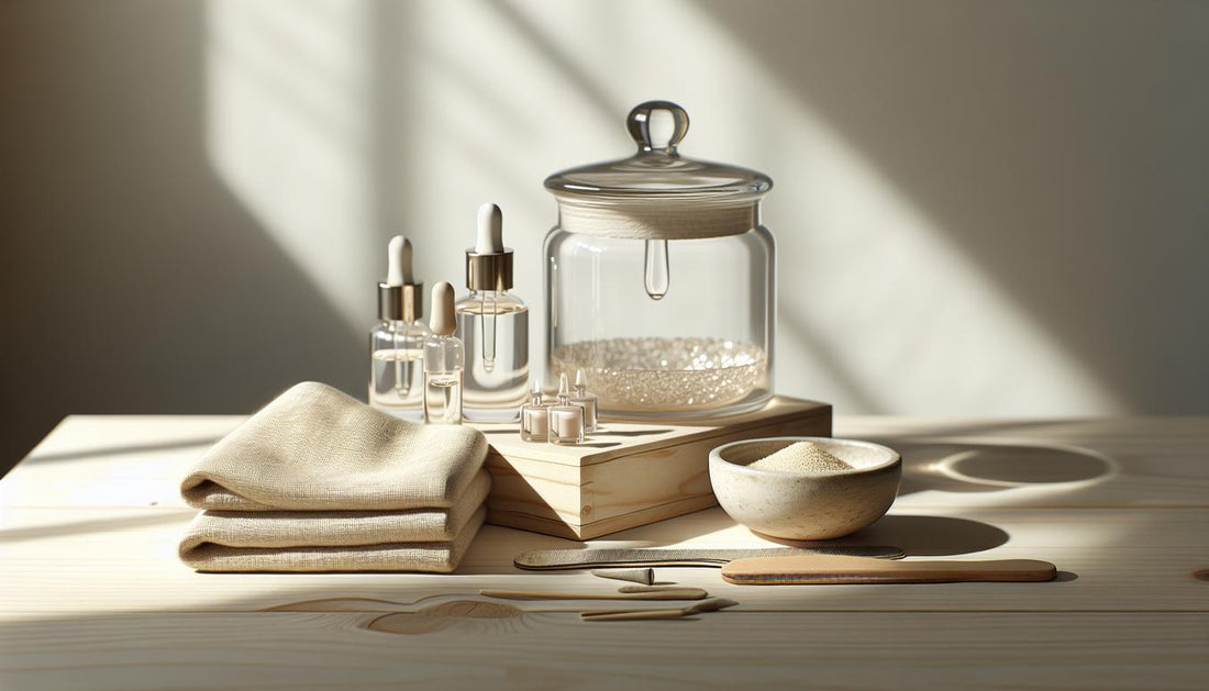 Minimalistisches Home‑Maniküre‑Stillleben mit offenem Glastiegel klarer Gel‑Textur, unlackierten Fläschchen, Nagelfeile und Nagelöl auf hellem Holz – gel ohne lampe