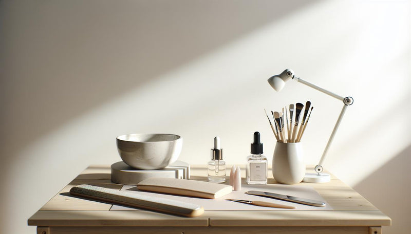 Minimalistische Nahaufnahme einer Nagel‑Workstation auf hellem Holztisch mit offenem UV‑Gel, LED‑Lampe, Pinsel, Feile und Nagelhautöl – dezenter pinker Gel‑Akzent.