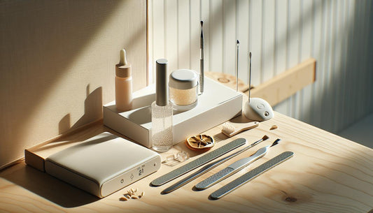 Minimalistische Szene auf Birkenholz mit Glastiegel voller Gel, Nagelölfläschchen, LED‑Lichtgerät, geordneten Nageltools und neutraler Starter‑Kit‑Box, helles Tageslicht.
