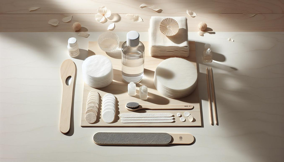 Minimalistisches Flatlay mit Aceton, Wattepads, Alufolie, Buffer, Nagelöl und Tuch – Zubehör um Gel von einem Nagel entfernen zu können.
