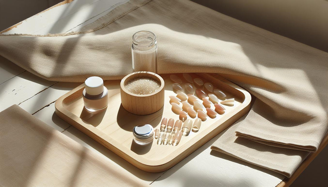 Nahaufnahme: Soft‑Gel‑Tips, Glastiegel mit Dip‑Pulver, offener Top‑Coat, LED‑Lämpchen und kurze unbemalte Nageltips – gel vs dip kurze nägel, minimalistisch, hell