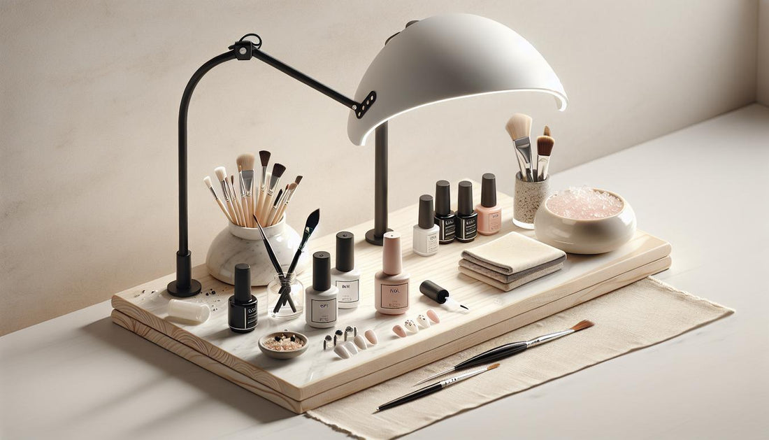 Minimalistische Nahaufnahme einer aufgeräumten Nagelarbeitsfläche mit geöffneten gele für nägel, UV/LED‑Lampe, Base‑Gel‑Tuben und Keramikschale mit Soft‑Gel‑Tips.