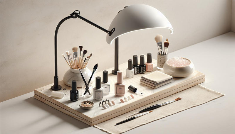 Minimalistische Nahaufnahme einer aufgeräumten Nagelarbeitsfläche mit geöffneten gele für nägel, UV/LED‑Lampe, Base‑Gel‑Tuben und Keramikschale mit Soft‑Gel‑Tips.