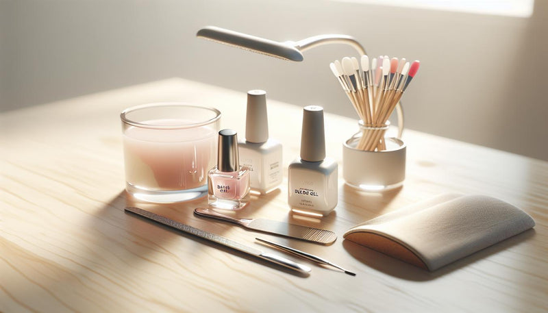 Aufgeräumte Nagelarbeitsfläche mit Fläschchen für gele für nägel, LED-Lampe, Feile und Leinenstoff auf hellem Birkenholz in minimalistischem, hellem Setting.